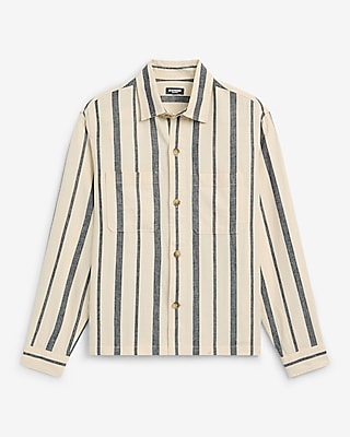 Express Men's Stripe Linen Cotton Double Patch Pocket Shirt Jacket in Pearl White