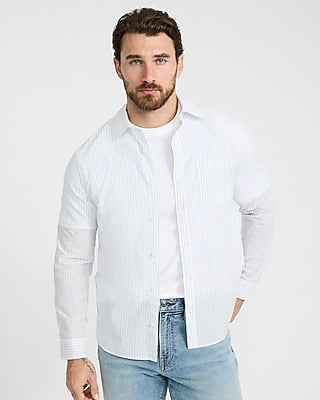 Express Men's Regular Striped Cotton Long Sleeve Poplin Shirt in White Small