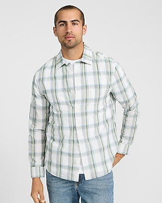 Express Men's Ivory Plaid Cotton Long Sleeve Poplin Shirt in White Small