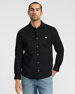 Express Men's Solid Mini Lion Logo Cotton Long Sleeve Oxford Shirt in Jet Black
