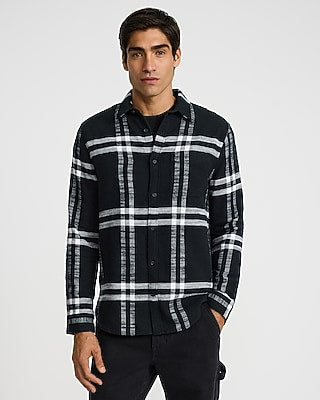 Express Men's Plaid Cotton Patch Pocket Flannel Shirt in Jet Black