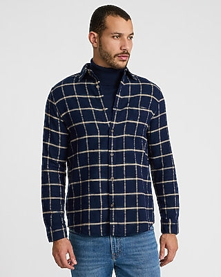 Express Men's Windowpane Plaid Brushed Cotton Patch Pocket Flannel Shirt in Blue Small