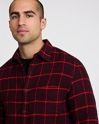 Express Men's Windowpane Plaid Brushed Cotton Patch Pocket Flannel Shirt in Purple Small