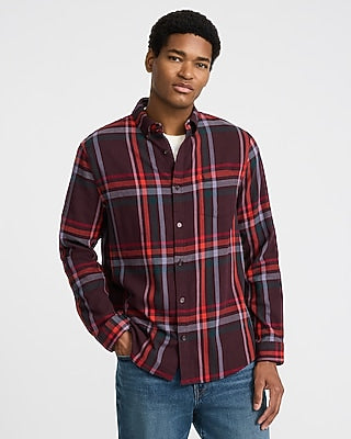 Express Men's Plaid Patch Pocket Stretch Flannel Shirt in Merlot