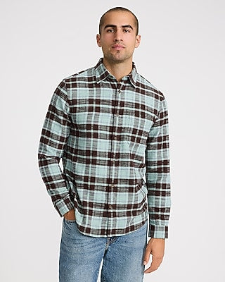 Express Men's Plaid Cotton Patch Pocket Flannel Shirt in Green Small