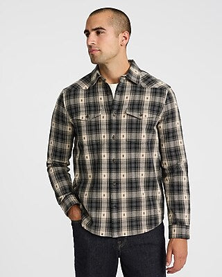 Express Men's Western Plaid Cotton Double Pocket Flannel Shirt in Khaki