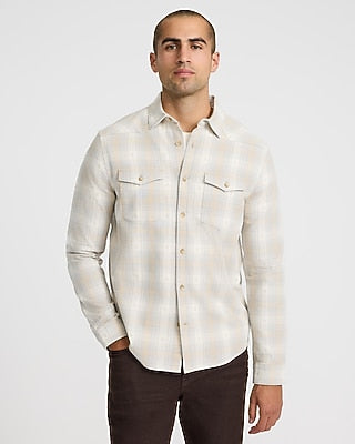 Express Men's Western Plaid Cotton Double Pocket Flannel Shirt in Gray Small