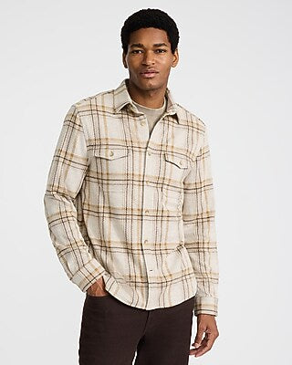 Express Men's Plaid Double Button Pocket Sweater Flannel Shirt in Ivory