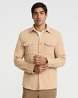 Express Men's Grid Plaid Double Button Pocket Sweater Flannel Shirt in Tan