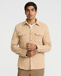 Express Men's Grid Plaid Double Button Pocket Sweater Flannel Shirt in Neutral Small