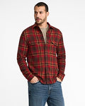 Express Men's Plaid Double Button Pocket Sweater Flannel Shirt in Deep Red