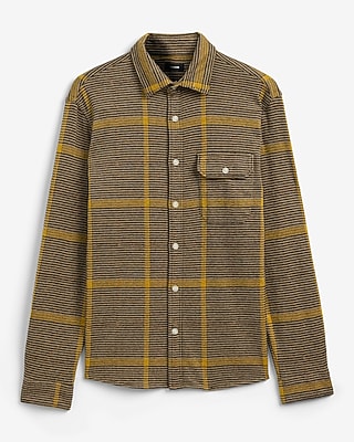 Express Men's Geo Plaid Button Pocket Sweater Flannel Shirt in Espresso