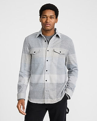 Express Men's Plaid Double Button Pocket Sweater Flannel Shirt in Gray Small
