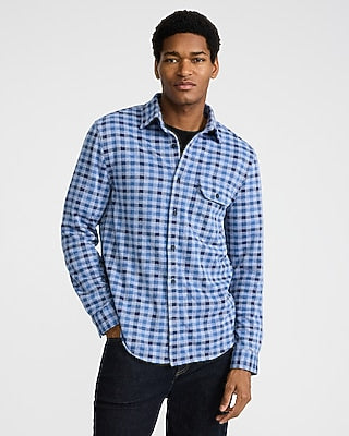 Express Men's Plaid Button Pocket Sweater Flannel Shirt in Blue