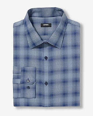Express Men's Slim Gradient Plaid Wrinkle-Resistant Everyday Performance Dress Shirt in Indigo