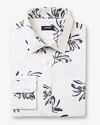Express Men's Extra Slim Painted Floral Wrinkle-Resistant Everyday Performance Dress Shirt in Chalk