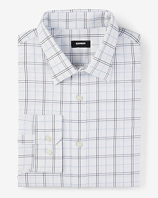 Express Men's Extra Slim Plaid Wrinkle-Resistant Everyday Performance Dress Shirt in White