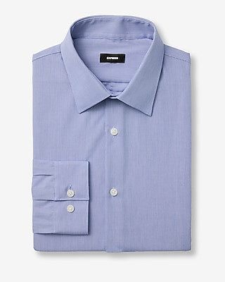 Express Men's Slim Mini Check Long Sleeve Non-Iron Dress Shirt in Blue Plaid