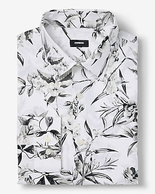 Express Men's Slim Tropical Floral Stretch 1Mx Dress Shirt in White