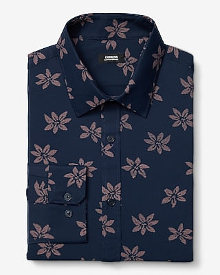 Express Men's Slim Floral Wrinkle-Resistant Everyday Performance Dress Shirt in Blue Small
