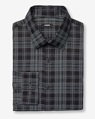 Express Men's Slim Plaid Wrinkle-Resistant Everyday Performance Dress Shirt in Black Small