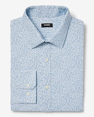 Express Men's Slim Mini Floral Wrinkle-Resistant Everyday Performance Dress Shirt in Blue Small