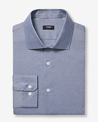Express Men's Slim Textured Print Spread Collar Cotton Stretch 1Mx Dress Shirt in Blue Small