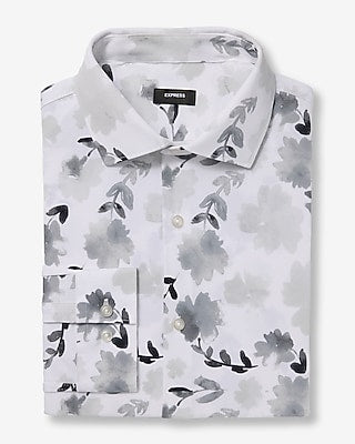 Express Men's Slim Floral Spread Collar Stretch Modern Tech 1Mx Dress Shirt in White Small