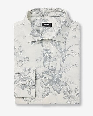 Express Men's Slim Vintage Floral Modern Tech Spread Collar 1Mx Dress Shirt in Ivory