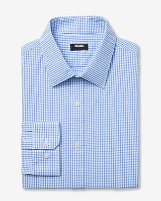 Express Men's Slim Gingham Print Wrinkle-Resistant Everyday Performance Dress Shirt in Blue Small