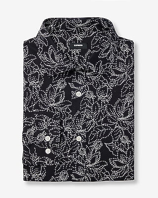 Express Men's Modern Slim Embroidered Floral Print Spread Collar Stretch Cotton 1Mx Dress Shirt in Jet Black
