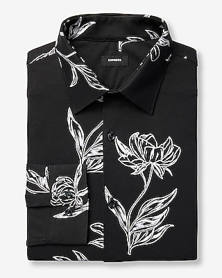 Express Men's Slim Abstract Floral Modern Tech 1Mx Dress Shirt in Black Small