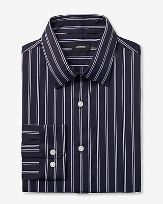 Express Men's Slim Classic Striped Wrinkle-Resistant Everyday Performance Dress Shirt in Blue Small