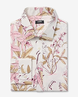 Express Men's Slim Floral Bird Wrinkle-Resistant Everyday Performance Dress Shirt in New Raddish