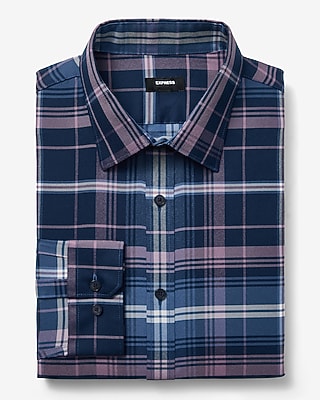 Express Men's Slim Plaid Wrinkle-Resistant Everyday Performance Dress Shirt in Indigo