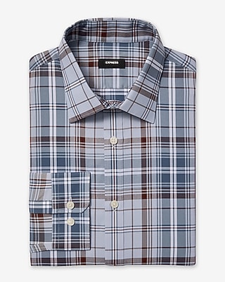 Express Men's Slim Plaid Wrinkle-Resistant Everyday Performance Dress Shirt in Blue Small