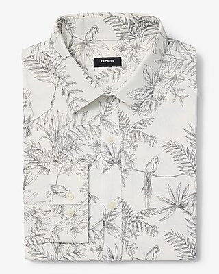 Express Men's Slim Tropical Bird Wrinkle-Resistant Everyday Performance Dress Shirt in White Small