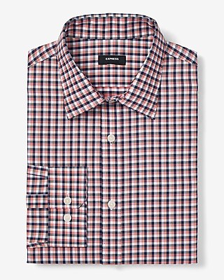 Express Men's Slim Grid Plaid Wrinkle-Resistant Everyday Performance Dress Shirt in Wild Poppy Atlas