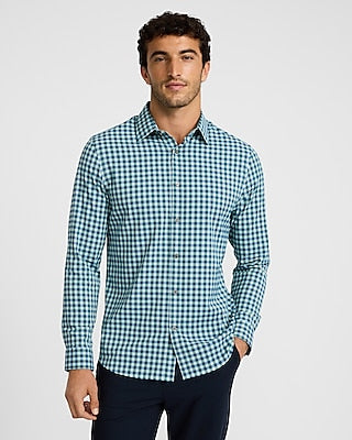 Express Men's Slim Gingham Wrinkle-Resistant Everyday Performance Dress Shirt in Green