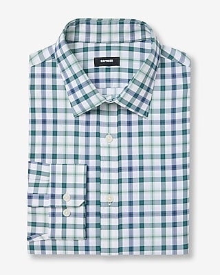 Express Men's Extra Slim Plaid Wrinkle-Resistant Everyday Performance Dress Shirt in Green