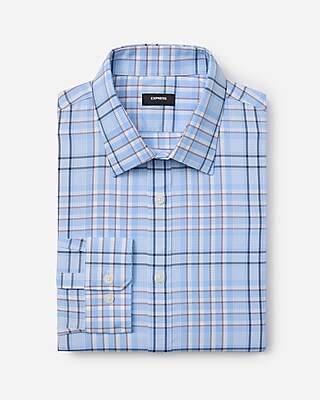 Express Men's Slim Geo Plaid Wrinkle-Resistant Everyday Performance Dress Shirt in Blue Small