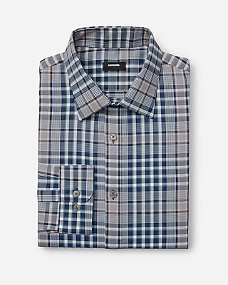 Express Men's Slim Geo Plaid Wrinkle-Resistant Everyday Performance Dress Shirt in Indigo