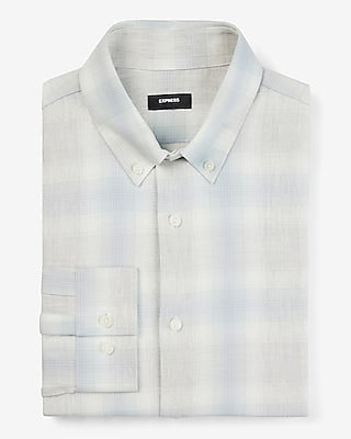Express Men's Slim Plaid Flannel 1Mx Dress Shirt in Silver Gray