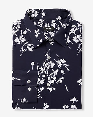 Express Men's Slim Contrast Floral Stretch Modern Tech 1Mx Dress Shirt in Blue Small