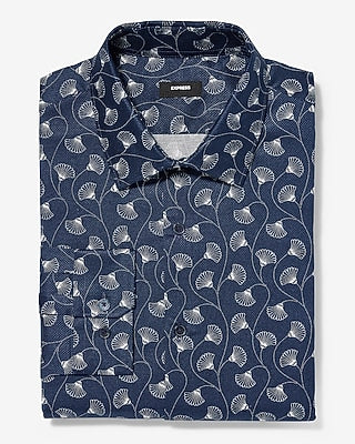 Express Men's Slim Dot Stem Floral Texture Dobby Stretch 1Mx Dress Shirt in Indigo