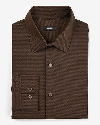 Express Men's Slim Textured Diamond Print Cotton Stretch 1Mx Dress Shirt in Tan Brown