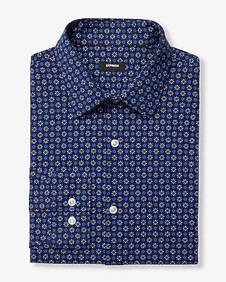 Express Men's Slim Mini Geo Floral Print Stretch Modern Tech 1Mx Dress Shirt in Blue Small