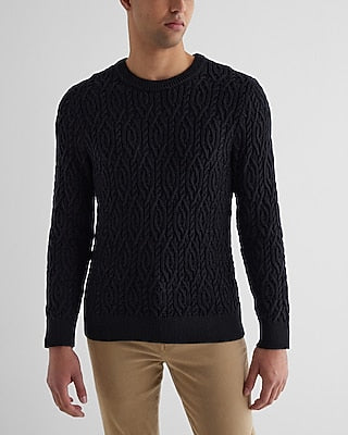 Express Men's Cable Knit Cotton Crew Neck Sweater in Pitch Black