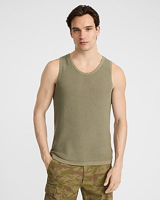 Express Men's Textured Pointelle Cotton Crew Neck Tank Top in Olive
