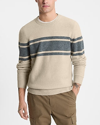 Express Men's Relaxed Chest Stripe Felted Crew Neck Sweater in Oyster